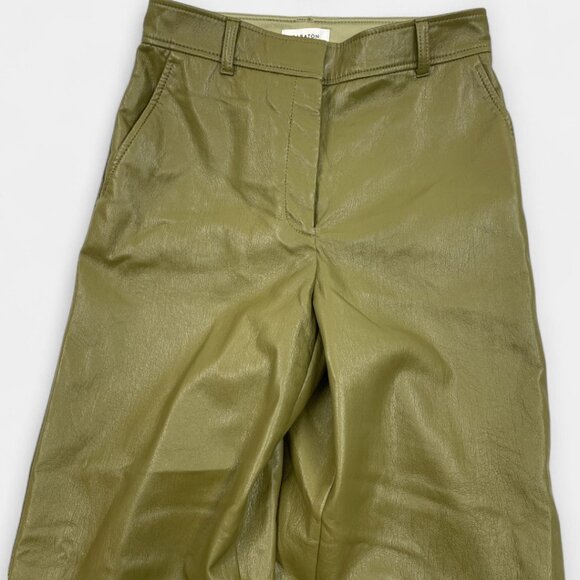 Babaton Aritzia Olive Green Faux Vegan Leather Straight Pants Trousers Women's 6 - Picture 2 of 13